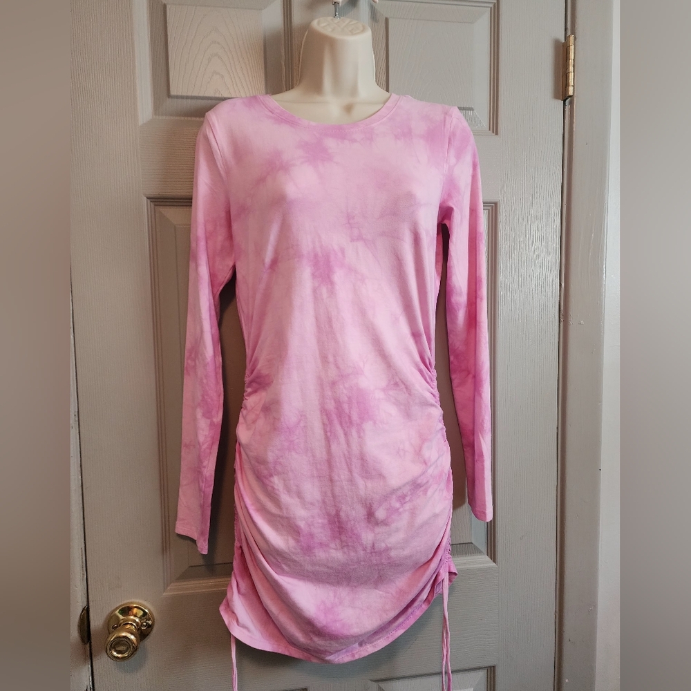 VS VICTORIAS SECRET PINK LONG SLEEVE RUCHED DRESS TOP PINK BLOOM TIE DYE S